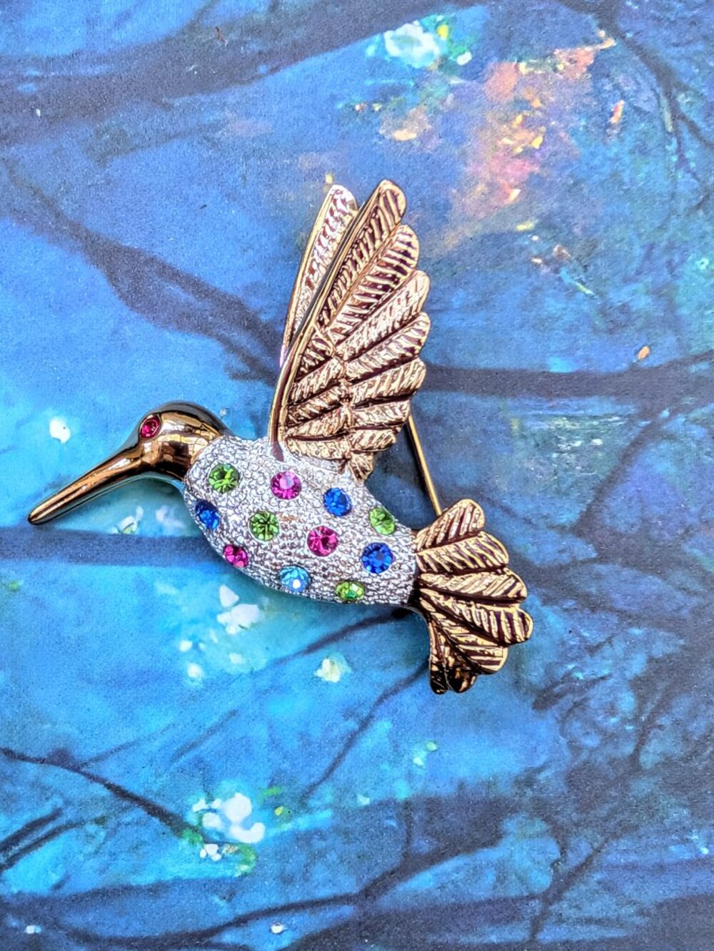Vintage Premier Designs Gold, Silver Marcasite & Rhinestone Hummingbird Brooch